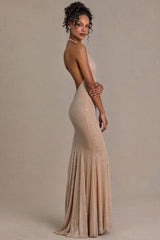 Embellished Plunge-Neck Open-Back Gown in Sand