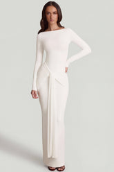 Soft Jersey Boat-Neck Tie-Gather Maxi Dress in White
