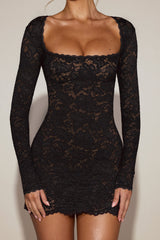 Scalloped-Lace Long-Sleeve Mini Dress in Black