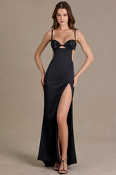 Satin Embellished Bralette Gown in Black