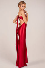 Asymmetric Tie-Back Gown in Cherry