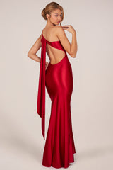 Asymmetric Tie-Back Gown in Cherry