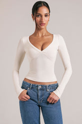 V-Neck Long-Sleeve Top in Vanilla