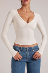 V-Neck Long-Sleeve Top in Vanilla