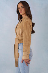 Faux Suede Cropped Belted Jacket in Tan