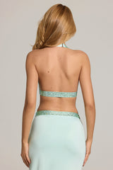 Embellished Deep Plunge Halterneck Top in Aqua Blue