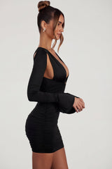 Low Plunge Ruched Mini Dress in Black