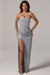 Embellished Bandeau Cowl-Waist Maxi Dress in Frost