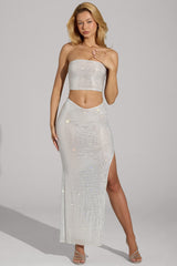 Embellished V-Waist Thigh-Split Maxi Skirt in White