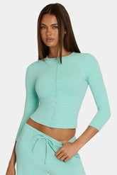 Brushed Jersey Crewneck Cardigan in Aqua Stripe
