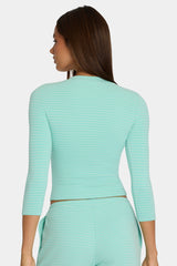 Brushed Jersey Crewneck Cardigan in Aqua Stripe