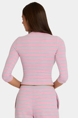 Brushed Jersey Crewneck Cardigan in Multi Stripe
