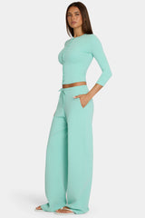 Brushed Jersey Low-Rise Trousers in Aqua Stripe