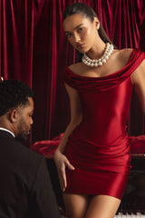 Satin Off-Shoulder Draped Mini Dress in Rouge