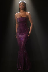 Embellished Semi-Sheer Strapless Gown in Deep Purple