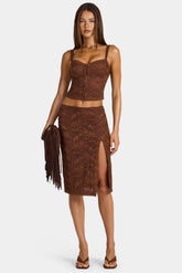 Lace Low-Rise Midi Skirt in Cocoa Brown