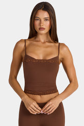 Modal Lace-Trim Peekaboo Tank Top in Cocoa Brown