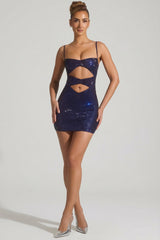Embellished Cut-Out Mini Dress in Navy