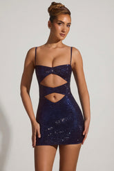 Embellished Cut-Out Mini Dress in Navy