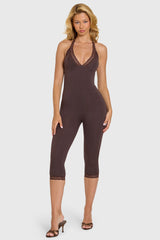 Modal Lace-Trim Capri Jumpsuit in Chocolate