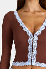 Lace-Trim Cropped Cardigan in Cocoa Brown