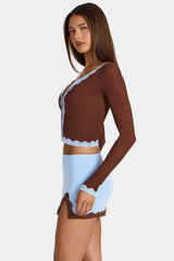 Lace-Trim Cropped Cardigan in Cocoa Brown
