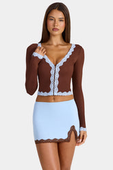 Lace-Trim Cropped Cardigan in Cocoa Brown