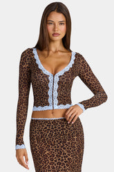 Lace-Trim Cropped Cardigan in Leopard