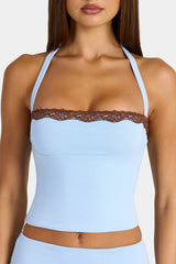 Modal Lace-Trim Halterneck Top in Arctic Blue
