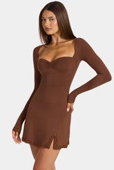Modal Lace-Trim Long-Sleeve Mini Dress in Cocoa Brown