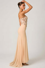 Embellished Corset Fishtail Gown in Floral Beige