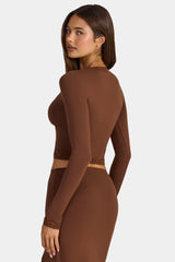 Modal Lace-Trim Cropped Cardigan in Cocoa Brown