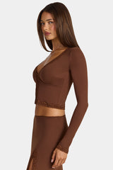 Modal Lace-Trim Cropped Cardigan in Cocoa Brown