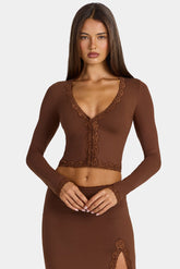 Modal Lace-Trim Cropped Cardigan in Cocoa Brown