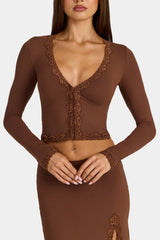 Modal Lace-Trim Cropped Cardigan in Cocoa Brown