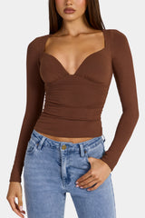 Modal Ruched Long-Sleeve Top in Cocoa Brown