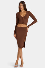 Modal Lace-Trim Low-Rise Midi Skirt in Cocoa Brown