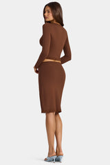 Modal Lace-Trim Low-Rise Midi Skirt in Cocoa Brown