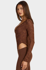 Lace Long-Sleeve Bodysuit in Cocoa Brown