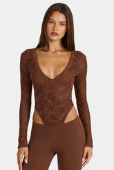 Lace Long-Sleeve Bodysuit in Cocoa Brown