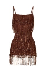 Fringed Backless Mini Dress in Brown Ombre