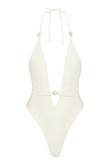 Halterneck Thong Swimsuit in Pearl