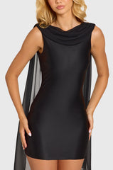 Satin Draped Mini Dress in Black