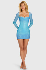 Embellished Long-Sleeve Mini Dress in Blue Ombre
