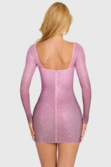 Embellished Long-Sleeve Mini Dress in Pink Ombre