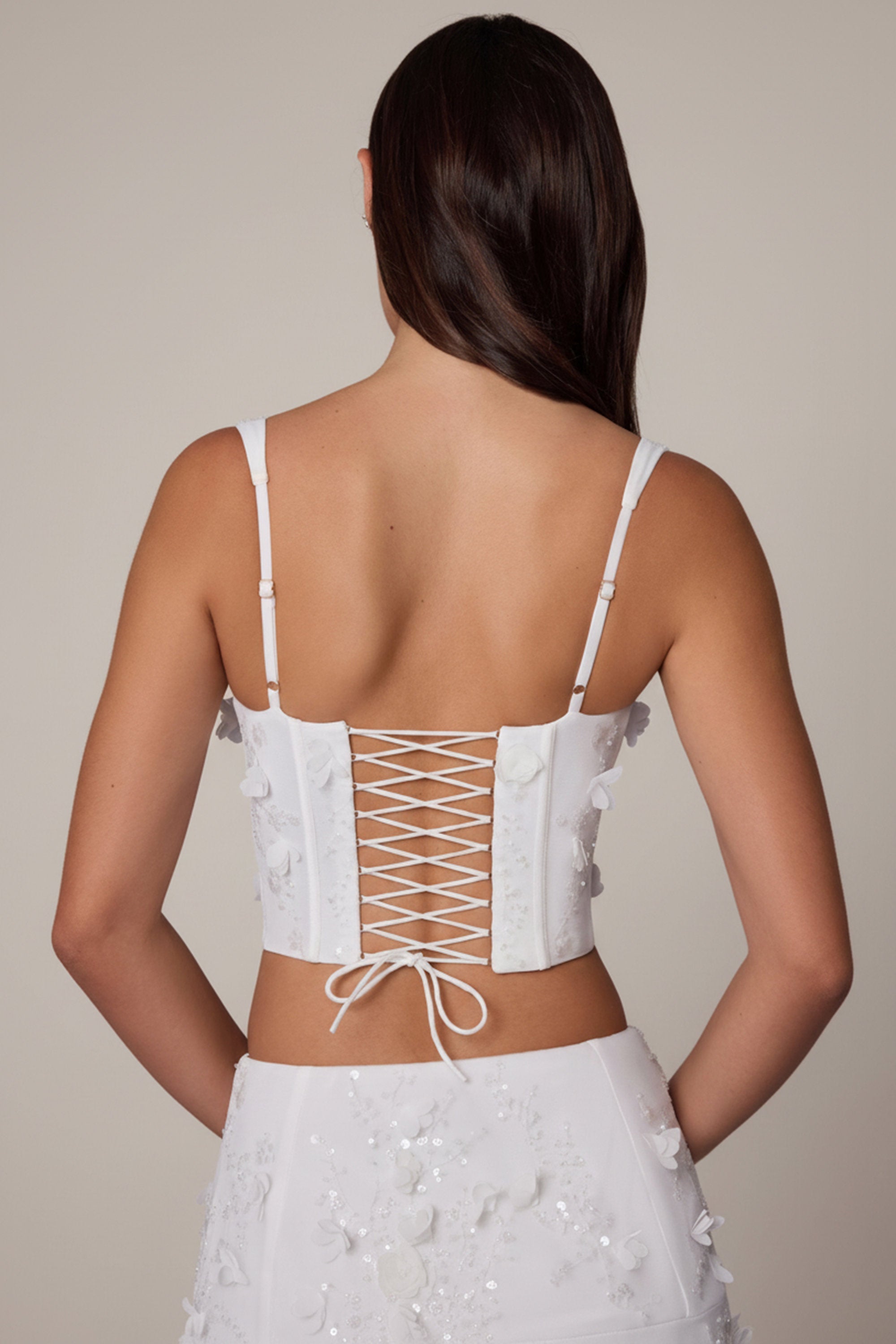 Embellished Lace-Up Corset Top in White