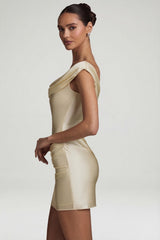 Satin Off-Shoulder Draped Mini Dress in Pearl