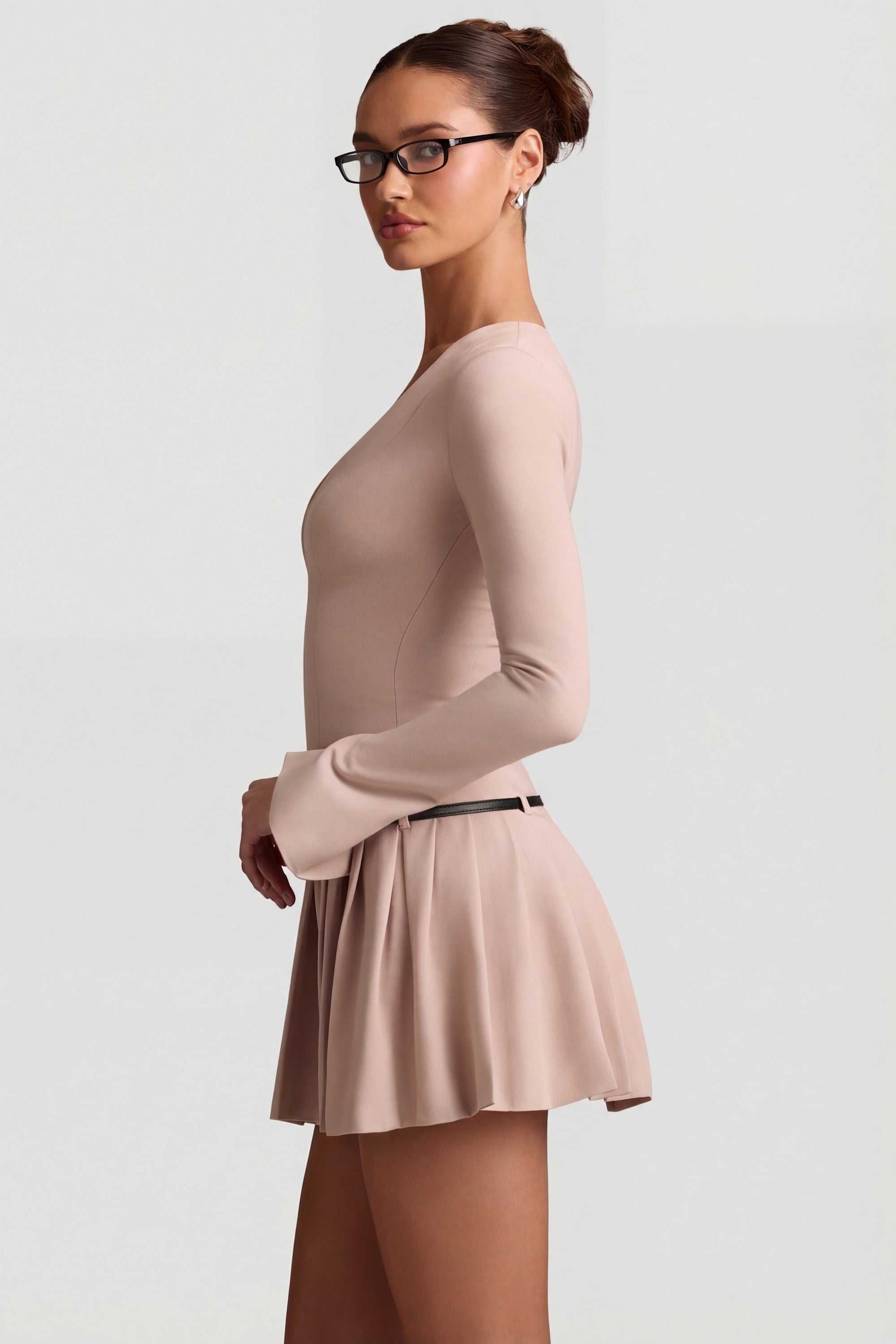 Long-Sleeve Pleated Mini Dress in Mushroom