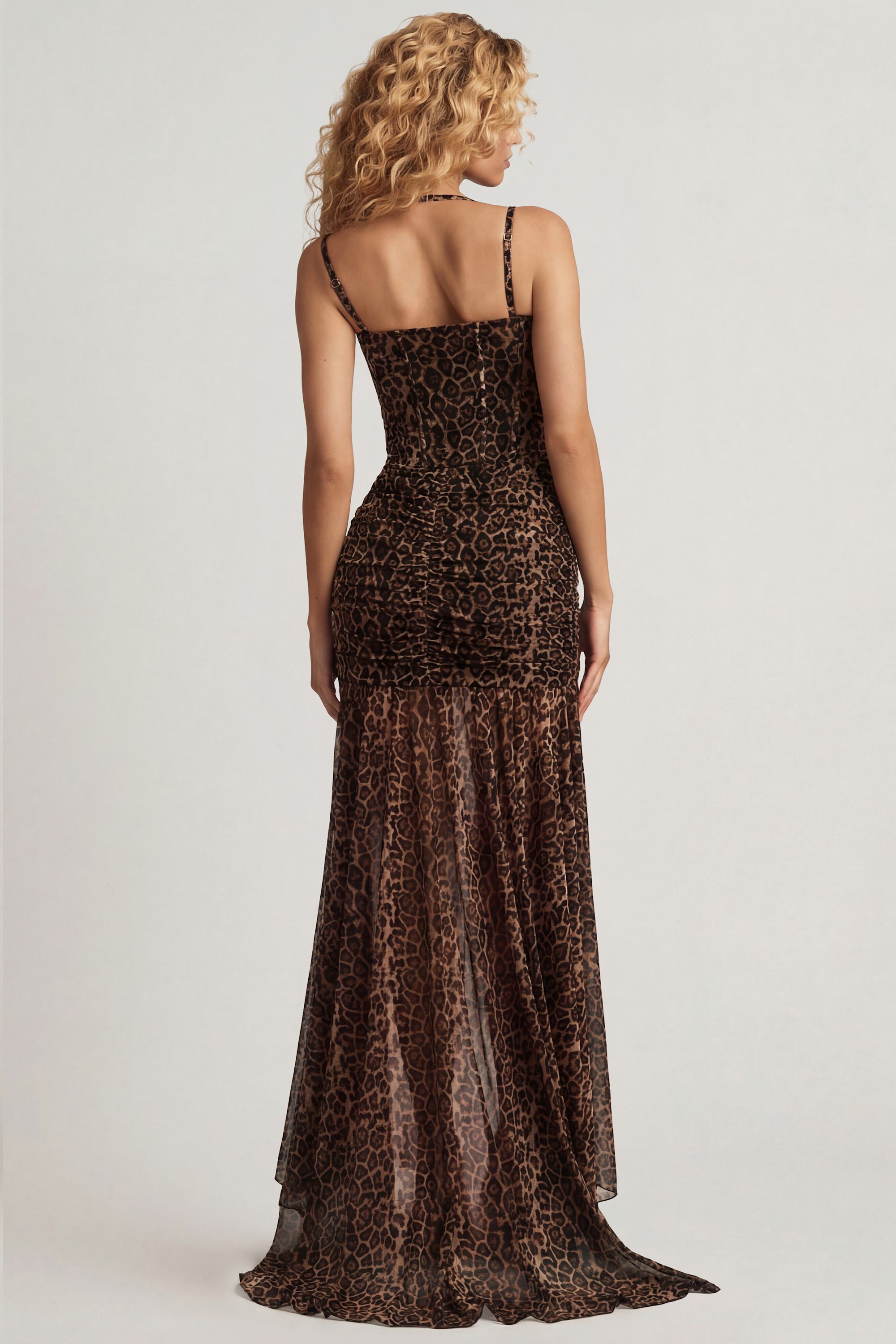 Ruched Asymmetric Corset Gown in Leopard Print