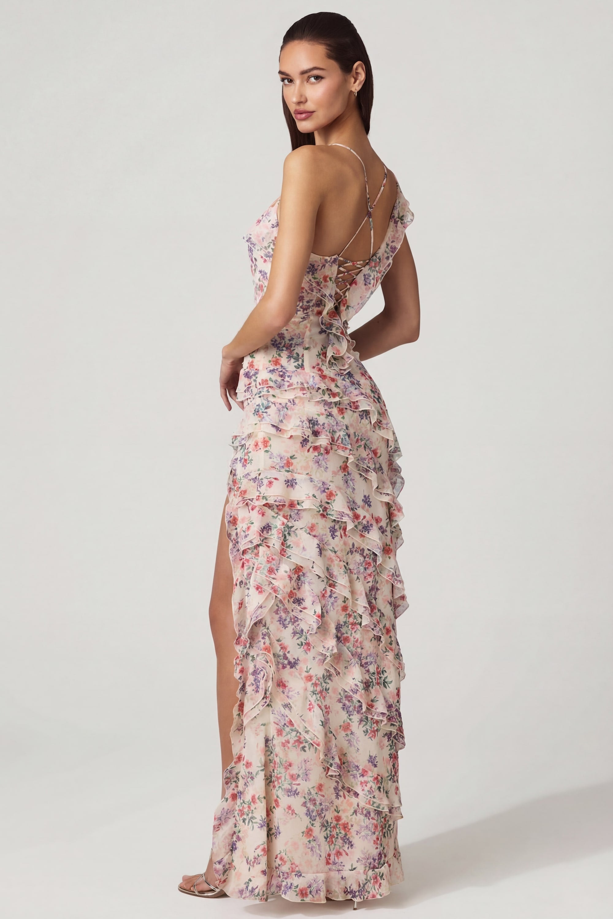 Asymmetric Ruffled Lace-Up Gown in Primrose Floral Print